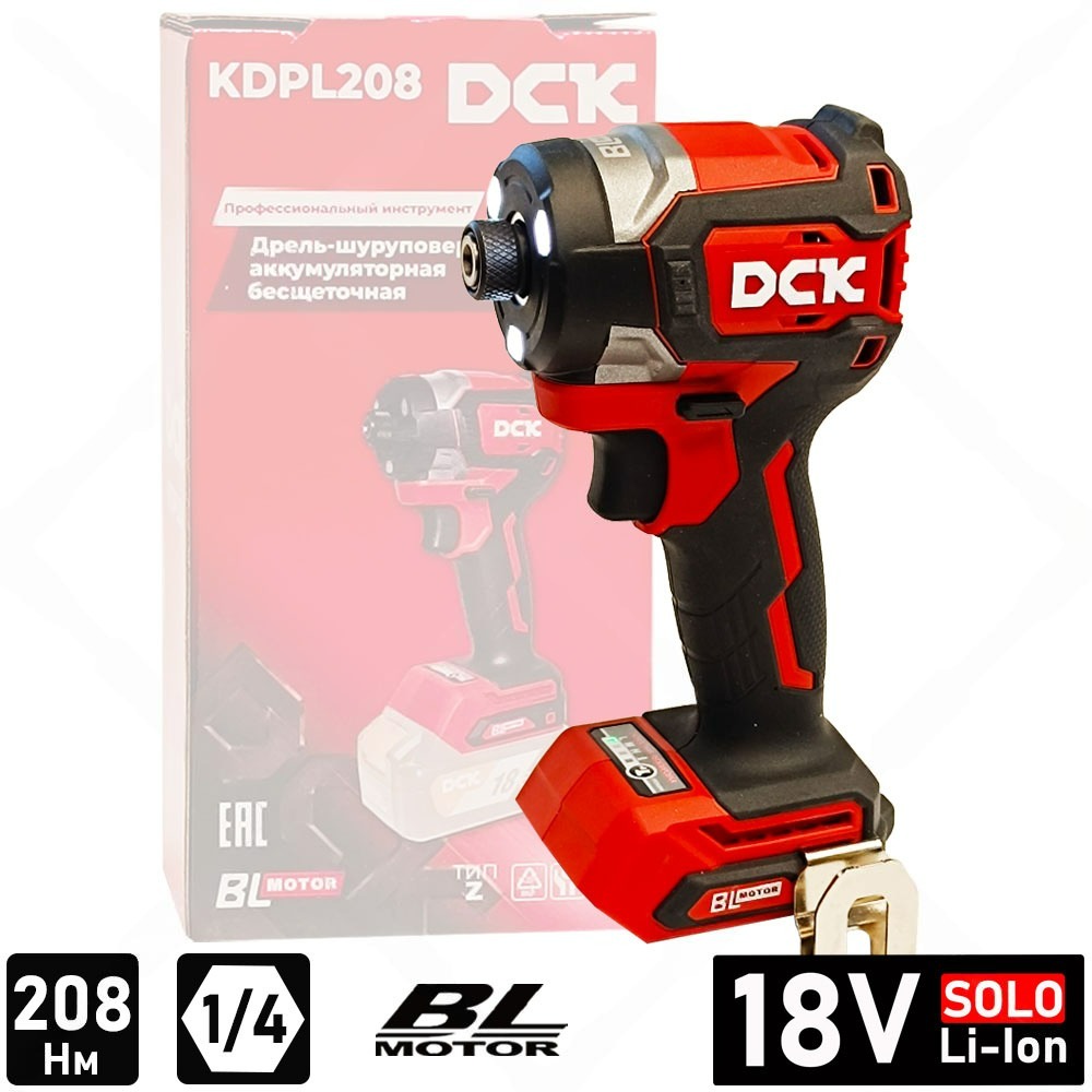 Дрель-шуруповерт аккум DCK 18В, HEX-impact, 208нм, 3 скорости, подсветка.без Акб и З/У