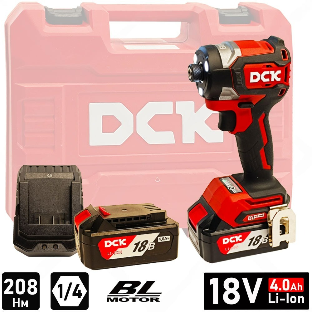 Дрель-шуруповерт аккум DCK  2*4А/ч, HEX-impact, 208нм, 3 скорости, подсветка
